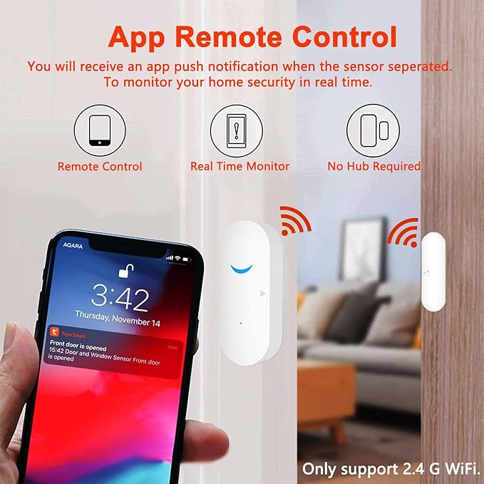 Smart Door Sensor Alarm Wireless, WiFi Door Window Detector with 2 Batteries, Smart Linkage Window Door Contact Sensor for Home Security Compatible with Alexa/Google Assistant, No Hub Required, 1 Pack