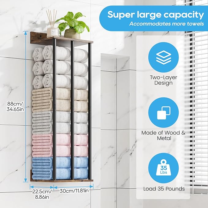Towel Racks for Bathroom Wall Mounted with Wooden Storage Shelf, Updated 3 Bar Metal Towel Holder for Rolled Towels, Sturdy and Large Capacity, Towel Storage Organizer-Rustic