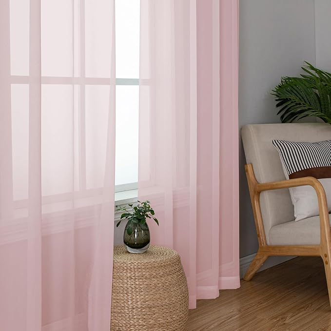 Aiyufeng Blush Pink Sheer Curtains 90 Inches Long 2 Panels Set, Light Filtering Soft Airy Voile Rod Pocket Baby Pink Sheer Window Drapes for Bedroom Living Room, Each 42Wx90L Inches