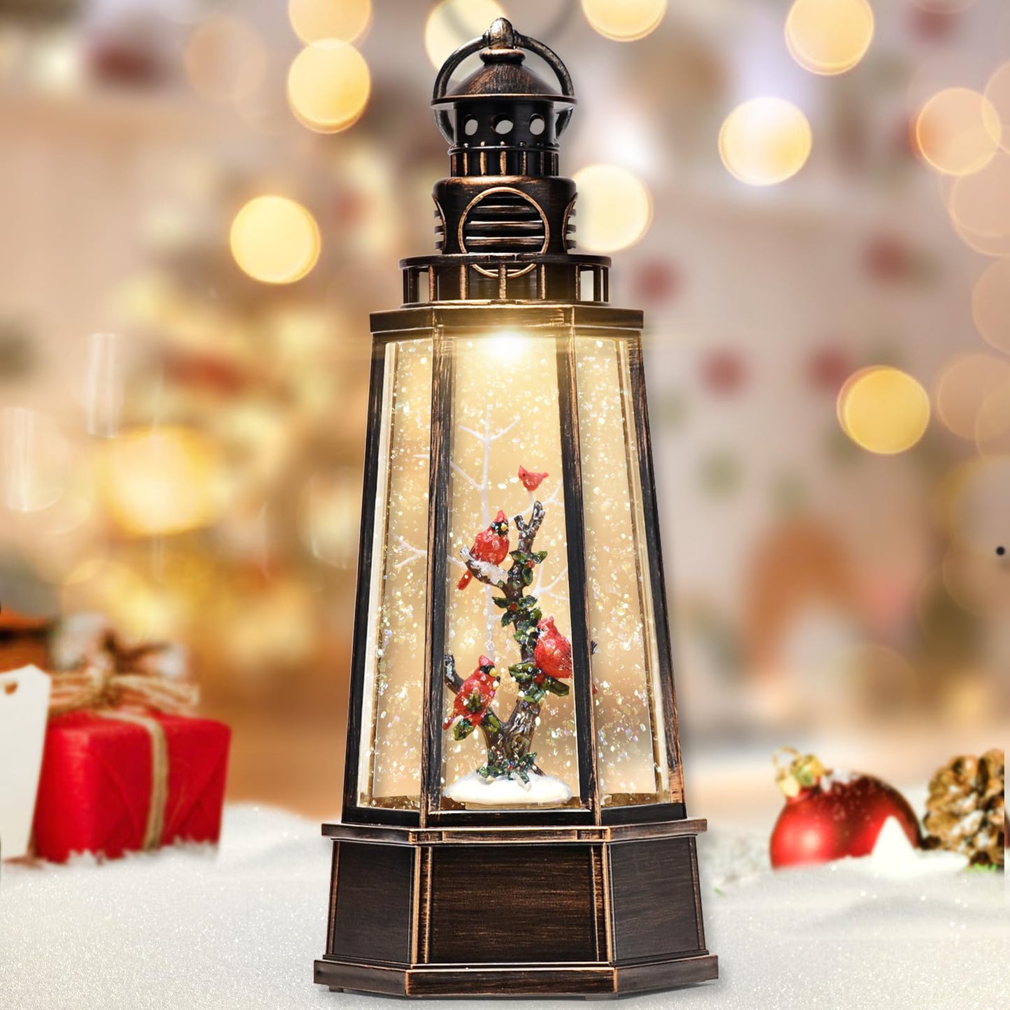 Cardinal Snow Globe Lantern, 13.5'' Musical Christmas Lantern Glitter Globe with Timers, Christmas Decorations Indoor Ornaments Cardinal for Women