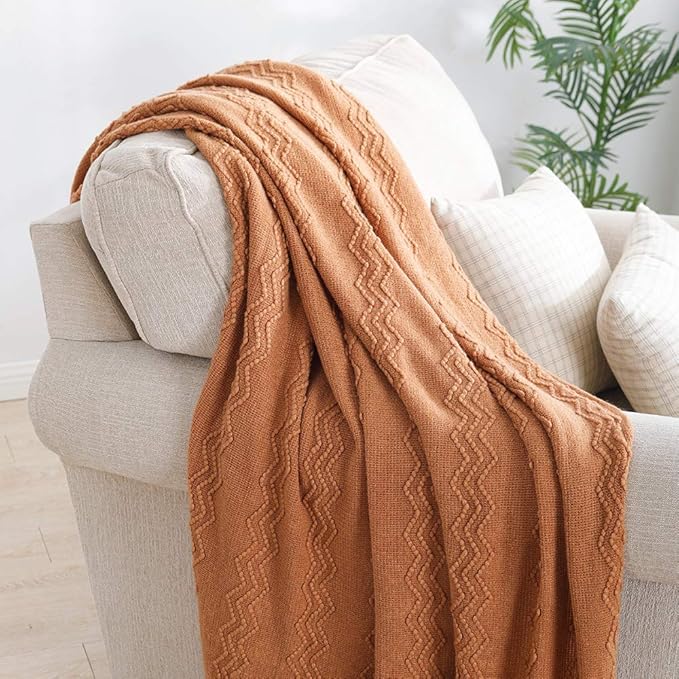 BOURINA Almond Throw Blanket 60x80 Inches Throw Textured Solid Soft Sofa Throw Couch Knitted Decorative Blanket