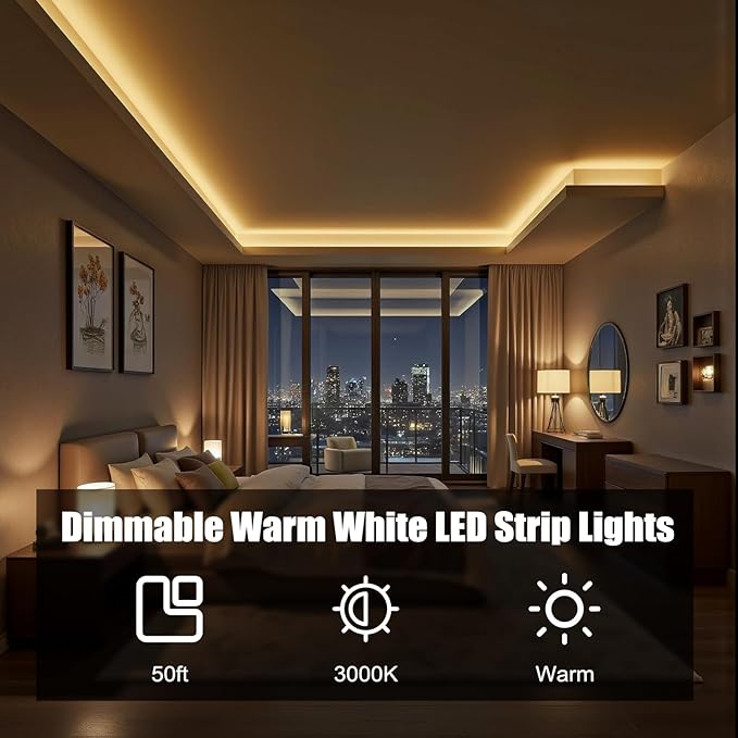 MYPLUS Under Cabinet Lighting Kit, 50Ft Dimmable Led Strip Lights with 900 LEDs, 24V, Low Power Safety Adapter, Flexible Tape Light for Kitchen Cabinet,Bedroom,Counter,Shelf (Warm White-3000k)
