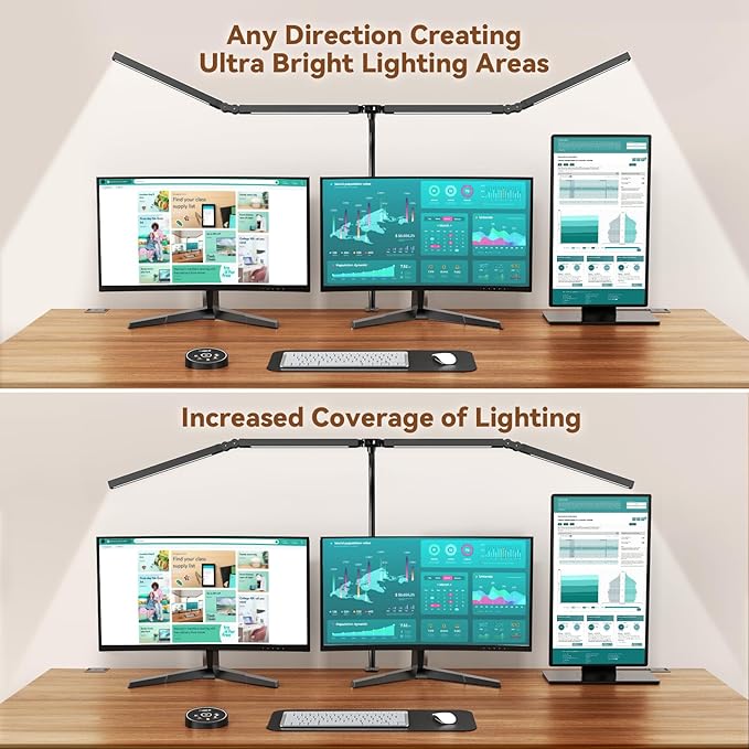 Led Desk Lamps for Home Office - Eye Caring Architect Lamp with Clamp, Double Head Computer Monitor Gooseneck Desk Light with Remote Control: 24W Flexible Dimmable Desktop Table Lamp