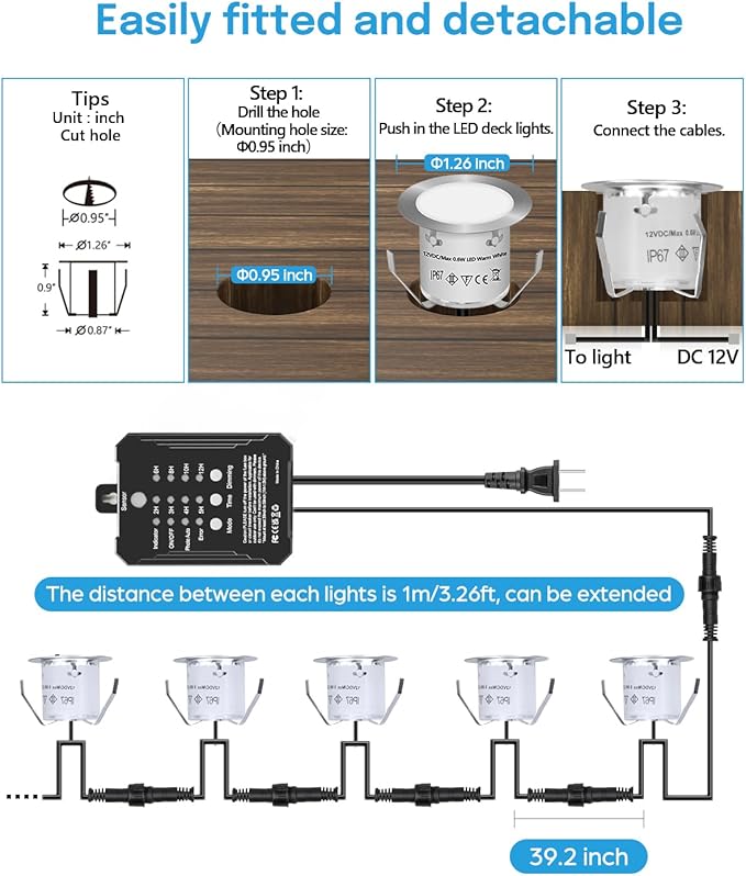 HIBOITEC Low Voltage Deck Lights Kit with Transformer Dimmable Timer and Photocell Sensor Outdoor Recessed LED Deck Lighting IP67 Waterproof 4000K for Stair Step Outdoor Garden Yard 22Pack