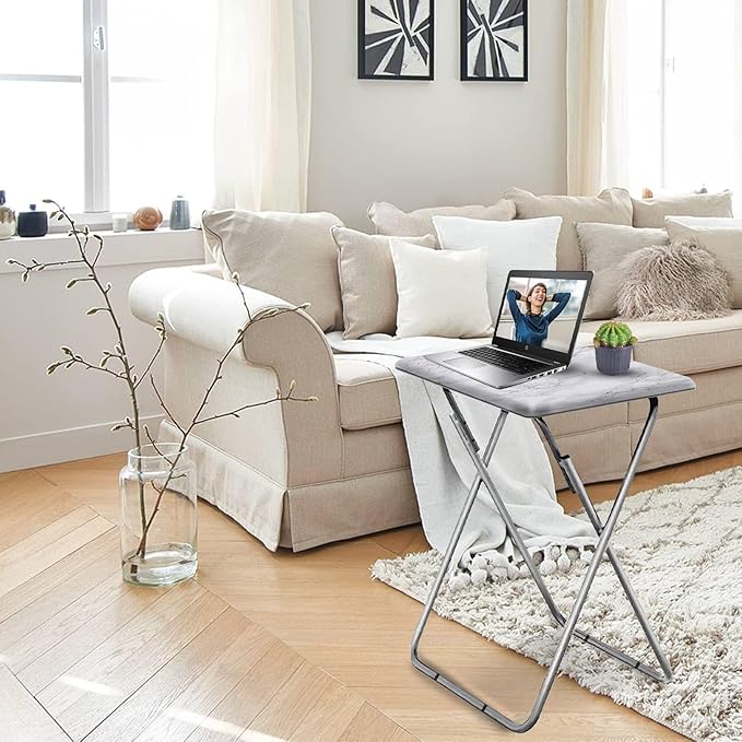 Garden 4 You TV Tray Table, Folding Dinner Tray With No Assembly Required, Sturdy Foldable Snack Eating Table for Living Room, 2PCS (White Marble)