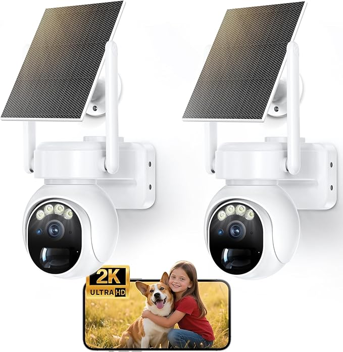 Solar Security Cameras Wireless Outdoor 2Packs -2K WiFi Cameras for Home Security with Solar/Battery Powered,360° PTZ Outdoor Camera, Wireless Outdoor Camera