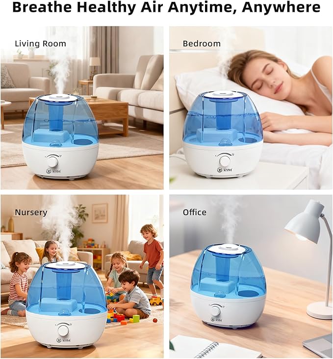 KVM Ultrasonic Cool Mist Humidifier, Quiet Air Humidifiers for Bedroom, Nursery, Office, & Indoor Plants, 360 Rotation Nozzle & 2L Water Tank & Night Light