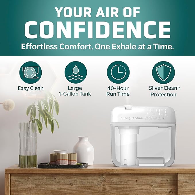 PureGuardian 1 Gallon, Cool Mist Ultrasonic Humidifier, 48-Hour Run Time, Coves 410 Sq. Ft., Humidistat, Timer, Filter Free for Bedrooms, Offices, Home, White, H1050W