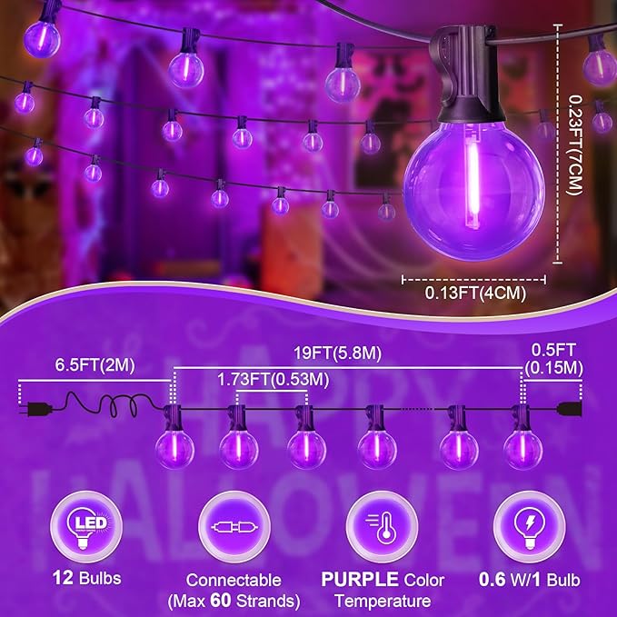 LAMPHOME LED Outdoor String Light, 26Feet Patio Lights with 12+1 Edison Shatterproof Bulbs(1Spare), UL Waterproof Outside Lights connectable Dimmable for Backyard Porch Decor,Purple