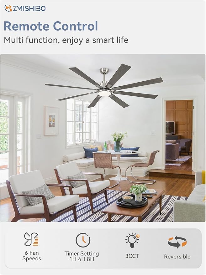 ZMISHIBO 72 inch Brushed Nickel Modern Ceiling Fans with Lights and Remote, Indoor/Outdoor Ceiling Fan for Living Room Patio, 6 Speed Reversible Quiet DC Motor, 3 CCT, Dual Finish Blades