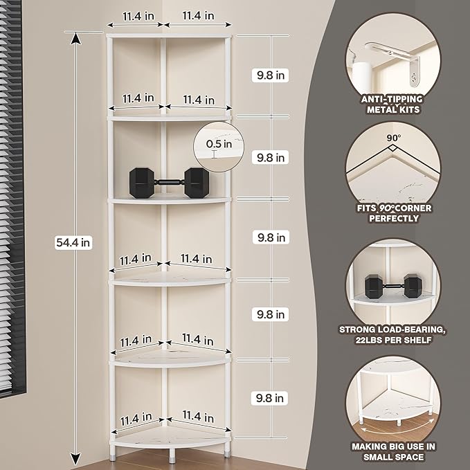 6 Tier Corner Shelf Stand, 54.4" Kitchen Shelf Organizer with Metal Frame, Small Corner Shelf for Organization & Storage, Marble White Corner Shelf for Kitchen Decor Accessories