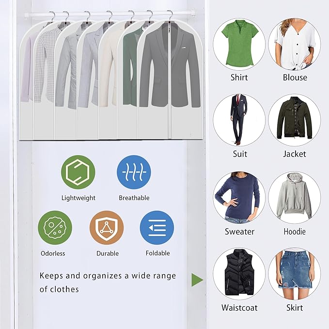 Dust Proof Clear Garment Bags 7 Piece Set - 40 Inch Translucent Suit Bags with Full-Length Zipper for Closet Clothes Storage and Travel | 4 Portable Travel Shoe Bags