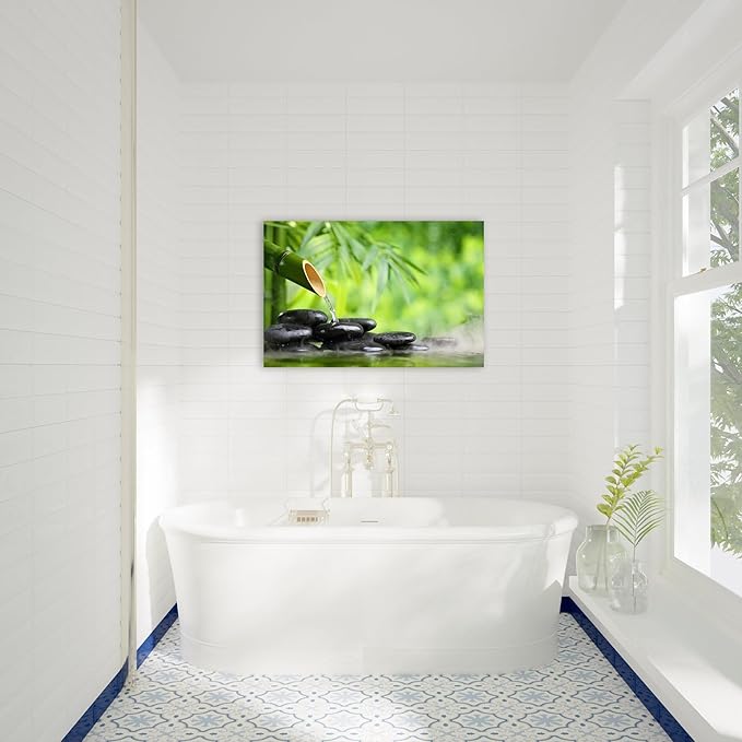 Zen Wall Art Decor, Modern Bathroom Zen Decor Wall Art, Canvas Wall Art for Spa Zen Room Decor, Green Bamboo Forest and Black Pebble Relaxing Art Prints for Office & Spa Wall Decor 12x18 Inches
