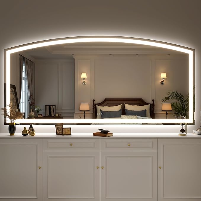 Hasipu 84" x 40" Arch LED Bathroom Mirror, Frontlit Wall-Mounted Vanity Mirror with Lights, Defogging, Smart Touch, Dimmable 3 Color Modes, Safety Shatterproof Glass Coating