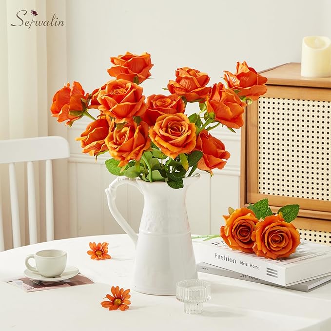Serwalin 20pcs 4'' Big Orange Artificial Roses, Large Flower Head Silk Rose Velvet Real Touch, Fake Roses Long Stems Realistic Bouquet for Wedding, Table Centerpiece Home Decor