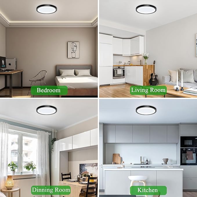 LED Flush Mount Ceiling Light Fixture, 24W 12Inch 2880LM Low Profile Black Ceiling Light for Bedroom, Living Room, Dining Room, Pack of 2