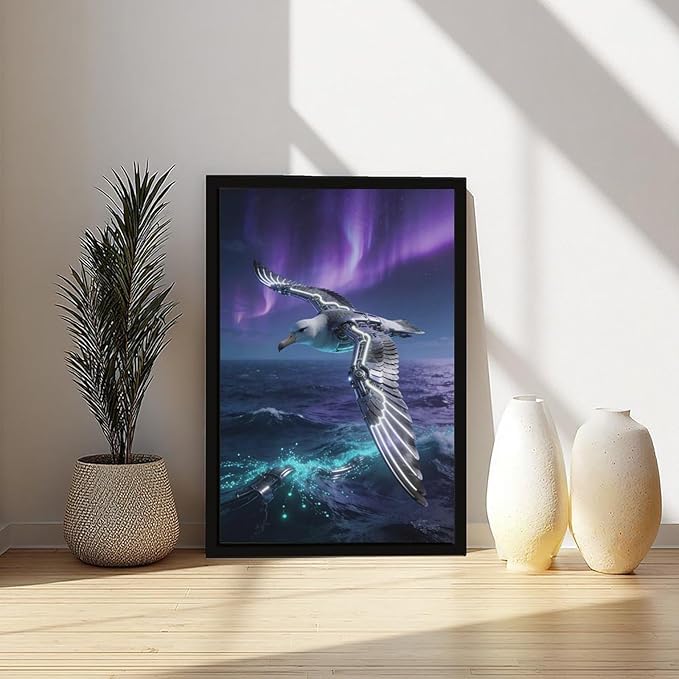 Framed Steampunk Mechanical Seagull Wall Art - Aurora Ocean Retro Poster for Bedroom Game Room Decor 20x30in