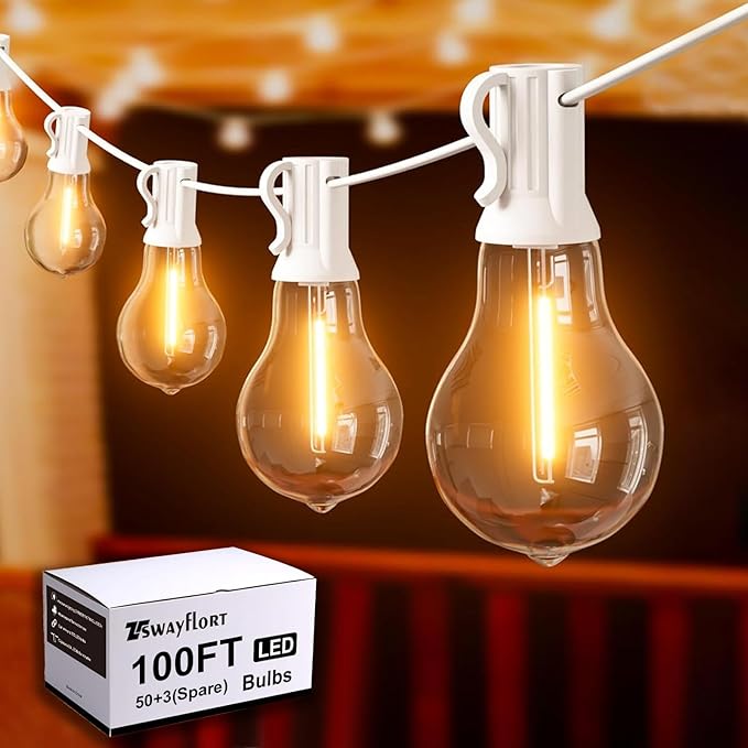 Outdoor String Lights, 100FT LED Patio String Light, String Lights for Outside with 53 LED Bulbs (3 Spare), White Outdoor Light for Yard, Gazebo, Pergola, Porch, Balcony, White Cord
