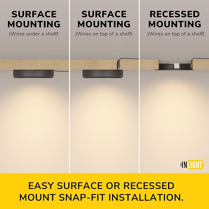 GETINLIGHT 2.5" Wide 3000K Dimmable LED Puck Lights Kit, Plug-in Installation with Recessed or Surface Mounted, Black Finish Over Metal Construction, Set of 3, IN-0113-3-BK