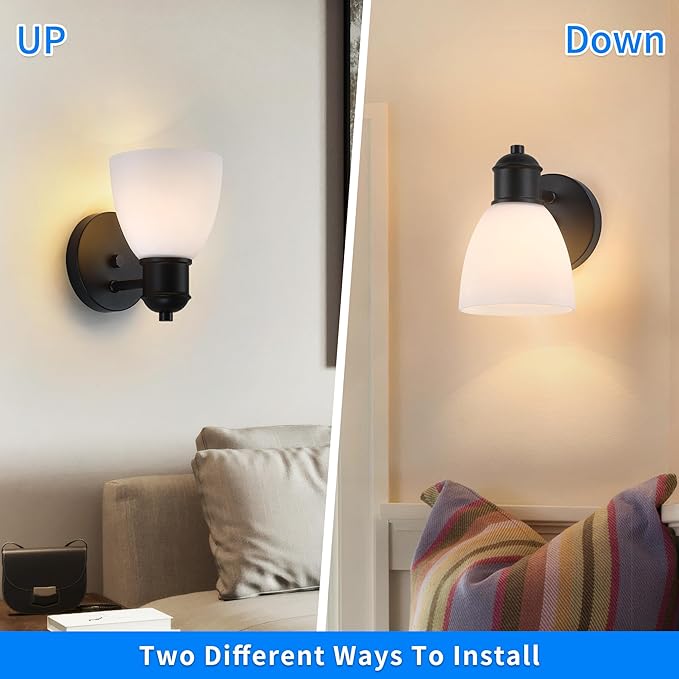 Bathroom Vanity Light Set of 2, Black Wall Lights for Living Room, Farmhouse Wall Sconces Lighting Fixtures with Frosted Glass,Wall Mounted Lamp for Bedroom Mirror Hallway Kitchen