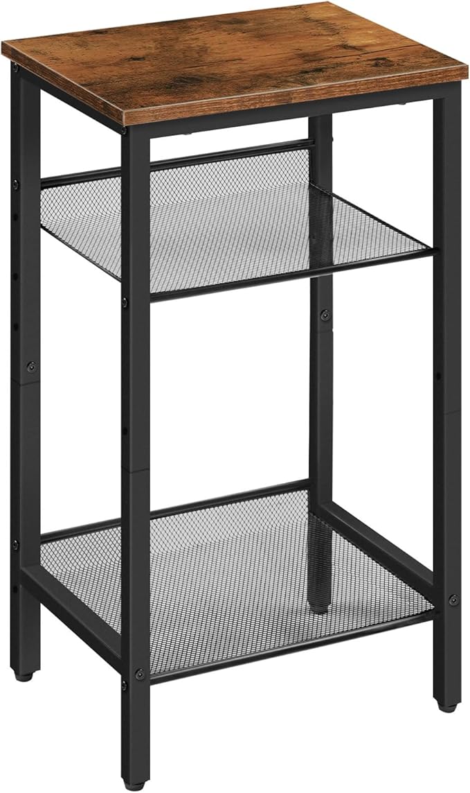 HOOBRO Side Table, 3-Tier Tall End Telephone Table with Adjustable Mesh Shelves, Small Entry Table for Living Room Bedroom Hallway or Office, Rustic Brown and Black BF01DH01G1