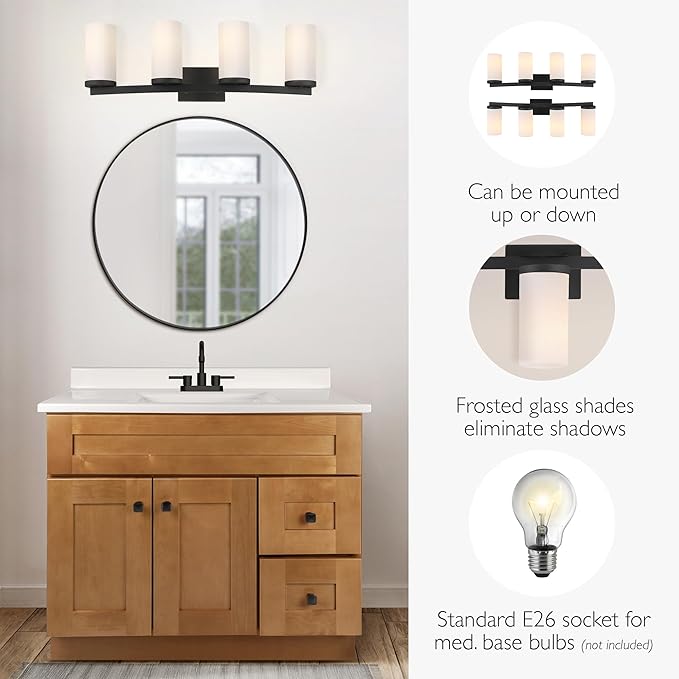 Design House Desta Vanity Light, 4-Light, Curved Bar Design, Frosted Glass Glow, Dimmable, Up/Down Mountable, E26 Socket, Black, 30.0 in L x 6.6 in W x 9.5 in H, 589168-BLK