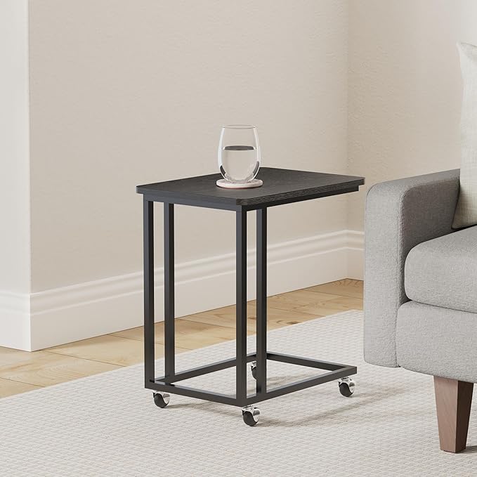 VASAGLE End Table, C Shaped TV Tray with Metal Frame Rolling Casters for Coffee Laptop Mobile Tablet, Industrial Side Table for Living Room Bedroom, 19.7 x 13.8 x 23.6 Inches, Ebony Black, ULNT050B56