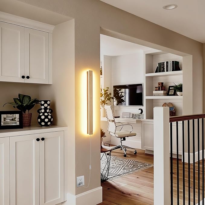 Modern Plug in Wall Sconces, 23.6 inch Faux Wood Texture Finish LED Long Wall Lights, 12W Warm White 3000K Acrylic Indoor Wall lamp,with 59" Plug Cable for Bedroom, Living Room, Bathroom, Hallway