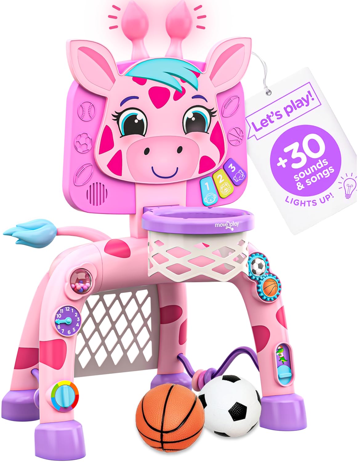 Move2Play, Giraffe Basketball Hoop & Soccer Goal Activity Center | 30+ Sounds & Lights | 1, 2, 3+ Year Old Gift & Birthday Present | 6, 12, 18, 24+ Month Toy For Baby, Toddler, Boys, & Girls