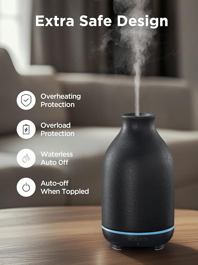 InnoGear Essential Oil Diffuser, 150ml Ceramic Stone Diffuser Handcrafted Aromatherapy Diffusers Ultrasonic Cool Mist Humidifier Vaporizor with 2 Mist Modes Waterless Auto Off for Room Office, Black