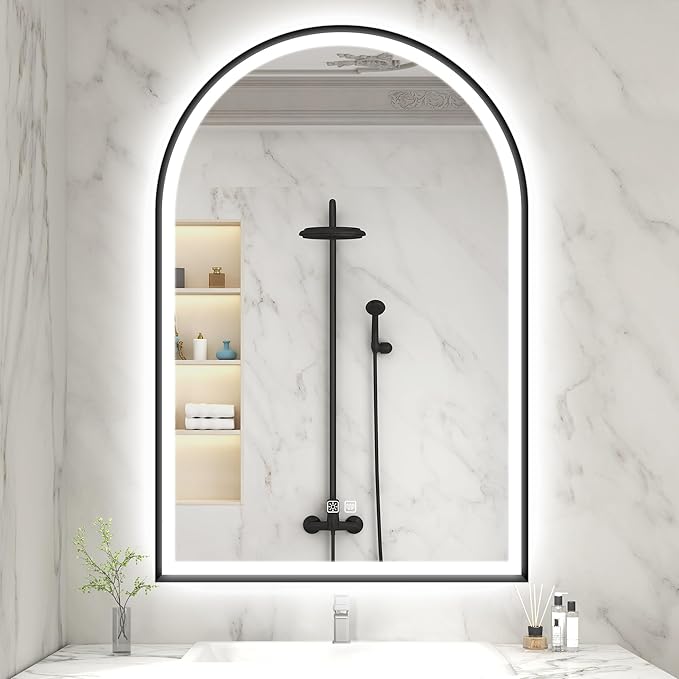 S'bagno 24x36 Arched Black LED Mirror for Bathroom with Frontlit & Backlit, LED Bathroom Mirror with Metal Frame, Anti-Fog, Stepless Dimmable, 3 Color Temperature Vanity Mirror