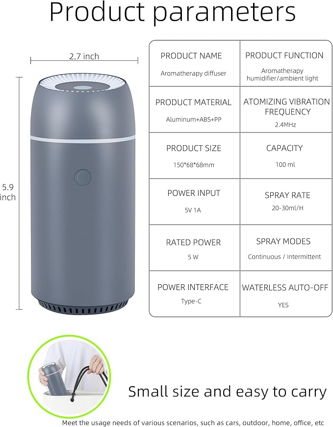 Portable Mini Ultrasonic Essential Oil Diffuser - 100ml USB Aromatherapy Humidifier with 7-Color LED Lights, Upgraded Aluminum Alloy Shell for Home, Office, Bedroom, Car & Small Spaces (Grey)