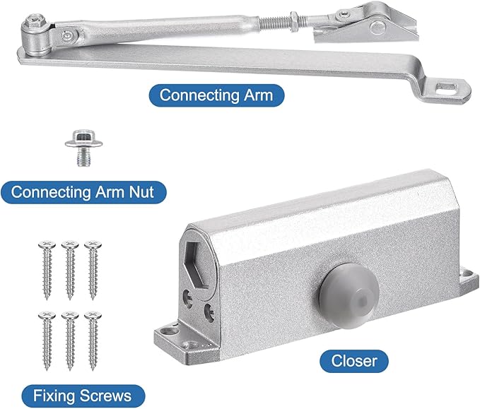 MECCANIXITY Door Closer Automatic Door Closer for 65-85kg Outdoor Internal Metal Wooden Doors,90D Medium Duty Spring Hydraulic Auto Door-Closer Automatic Adjustable Closer(Silver,Aluminum)