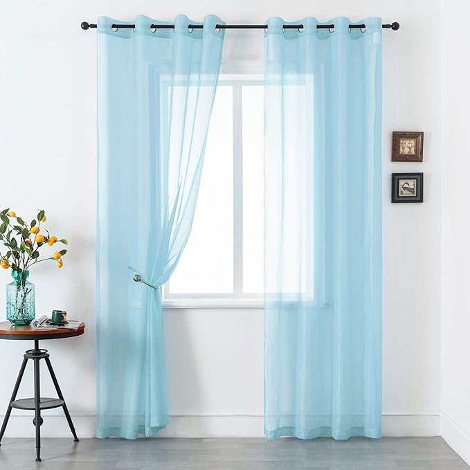 DUALIFE Sky Blue Voile Sheer Curtains Grommet,Look Semi Sheer Windows Panels,Elegant Solid Color Touch Soft Drapes, 52X96 Inch for Living Room Bedroom,Set of 2 Panels