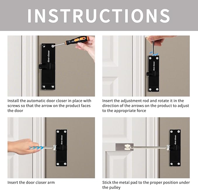 Automatic Door Closer, Safety Spring Door Closer Adjustable Self Closing Door Hinge Zinc Alloy Door Closers for Home, Up to 150Lb can be Pushed (Black)