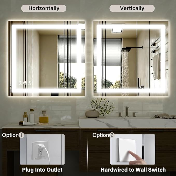 40"x 40" LED Bathroom Mirror, Backlit + Front Lit, LED Bathroom Mirror with Lights for Wall, 3 Colors, Anti-Fog, Dimmable Brightness, Tempered Glass