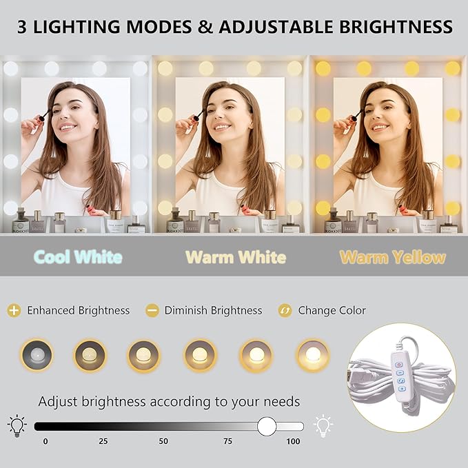 Makeup Vanity Desk with Mirror and Lights, White Vanity Table Set with Storage Drawers, Charging Station & Cabinets, Large Dressing Table with RGB Ambient Light for Women Girls Bedroom Bathroom