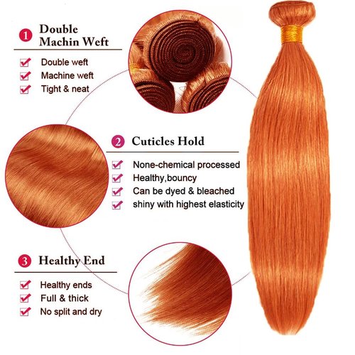 Hailookmey Human Hair Bundles #350 Color Ginger Orange Straight Brazilian Unprocessed Virgin Human Hair Quick Weave Extensions (24 26 28 Inch 350 Straight)