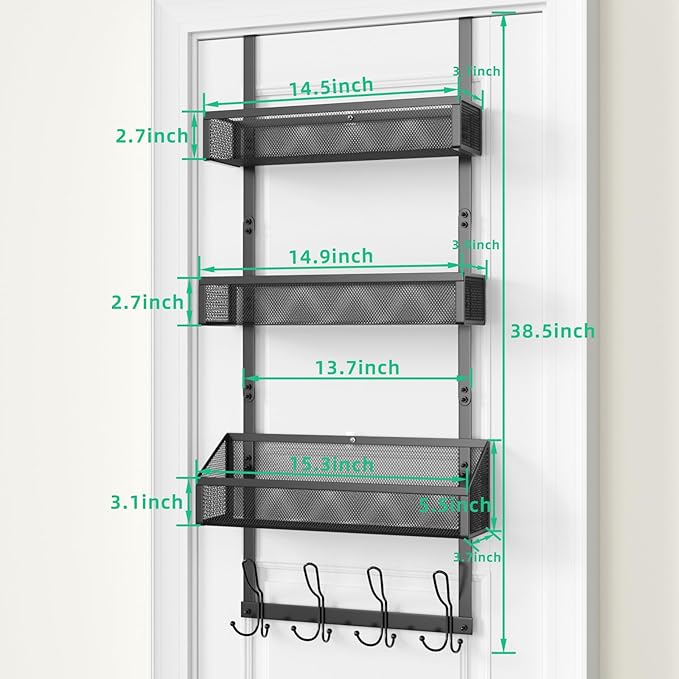 Over The Door Hook Organizer with 12 Hooks & 3 Mesh Baskets – Space-Saving Towel Rack & Storage Hanger for Bathroom, Kitchen, Bedroom, No Drill Door Hooks, Black