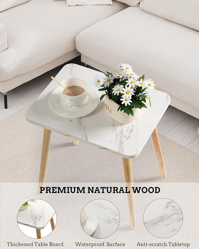 FORAOFUR Small End Table, Side Table Accent Table Living Room Bedroom Balcony Office, Modern Bedside Table Home Decor, Small Table for Small Spaces, Small Coffee Table, Easy Assembly, Marble White