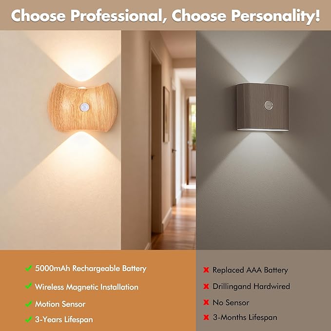 Motion Sensor Wall Lights Indoor - Rechargeable Wall Lights Up & Down, Wireless Battery Operated Wall Sconce Set of 2 for Bedroom, Hallway, Stair, Living Room Decor, Wood Cordless Magnetic Lamp Light