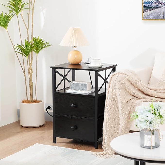 AMHANCIBLE Night Stand Set 2, Black Nightstand with Charging Station, End Tables Living Room with USB Ports and Outlets, Bedside Table with Fabric Drawers for Bedroom, HET05XBK
