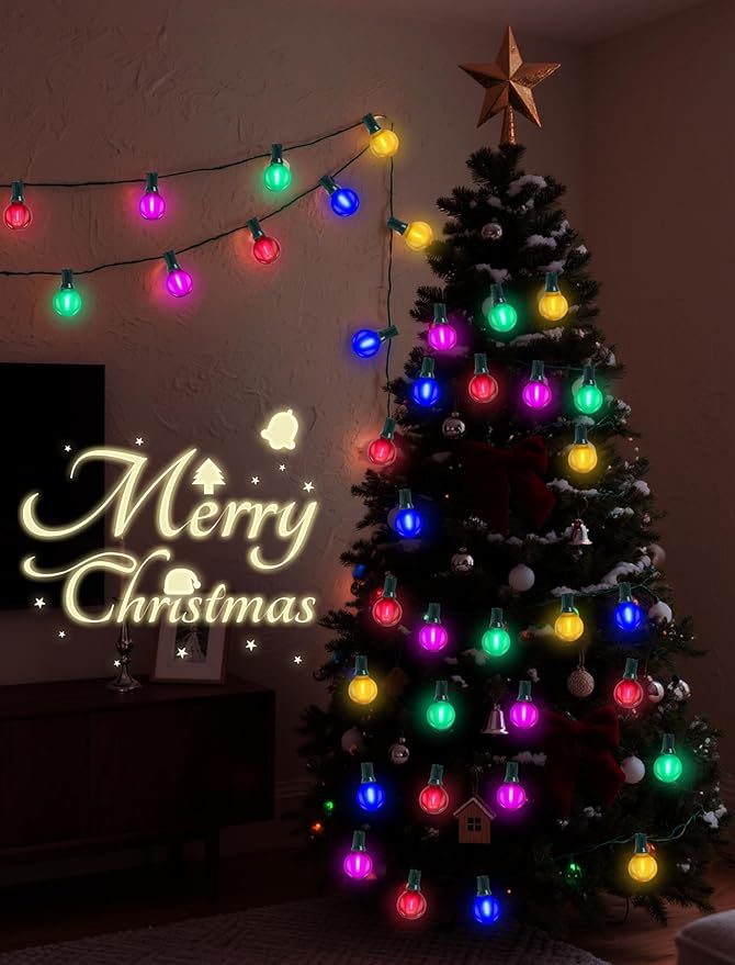 50Ft G40 LED Multicolor Christmas Lights Outdoor, Shatterproof Frosted Globe String Lights with 27 Ceramic Bulbs(2 Spare), Waterproof Hanging Patio Lights for Bistro Porch Party Holiday Decorations