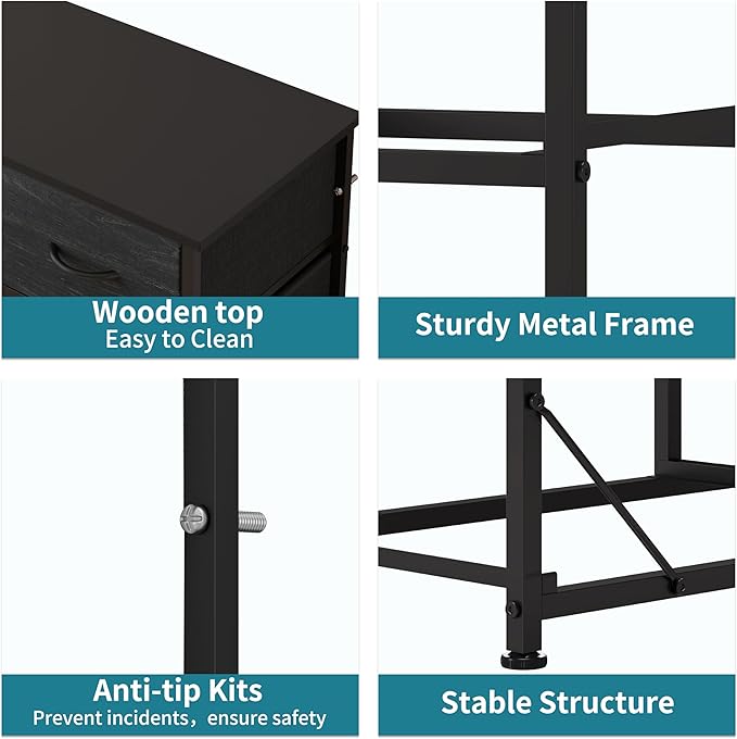 LUMTOK 10-Drawer Dresser, Fabric Dressers Drawers for Bedroom, Hallway, Nursery, Closets, Steel Frame, Wood Top, Easy Pull Handle (Black Wood Veins)