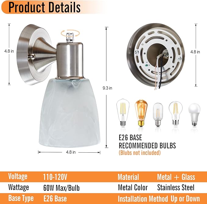 Wall Sconces Set of 2, Brushed Nickel Vanity Lights for Bathroom, Modern Wall Light Fixtures with Rotary Switch, Wall Mount Light with Frosted Glass, Farmhouse Lamp for Bedroom Living Room