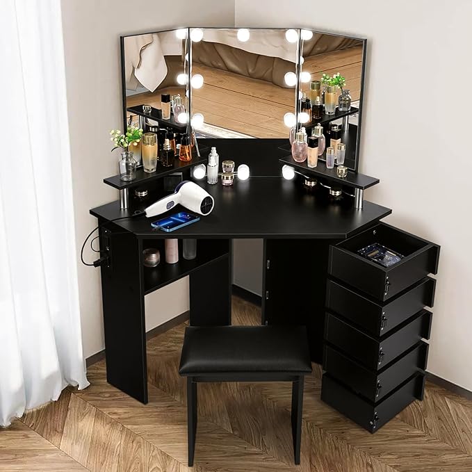 VOWNER Vanity with Lights - Makeup Vanity Desk with Power Outlet, 3 Color Lighting Options Brightness Adjustable, Vanity Table with 5 Rotating Drawers, Shelves and Stool for Bedroom, Black