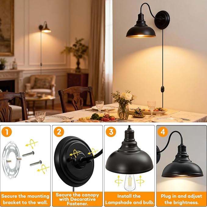 Lightess Plug in Wall Sconces, Farmhouse Sconce with Dimmer, Black Barn Wall Light Fixture with Dimmable Switch on The Cord, Industrial Gooseneck Wall Lamp, Set of Two