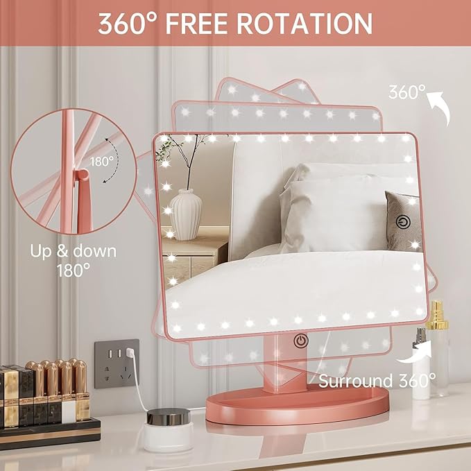 FUNTOUCH Large Lighted Makeup Mirror with Lights, Light Up Mirror with Small 10x Magnification for Desk, 360°Rotation Touch Screen,Brightness Adjustable Tabletop Cosmetic Vanity Make Up Mirror