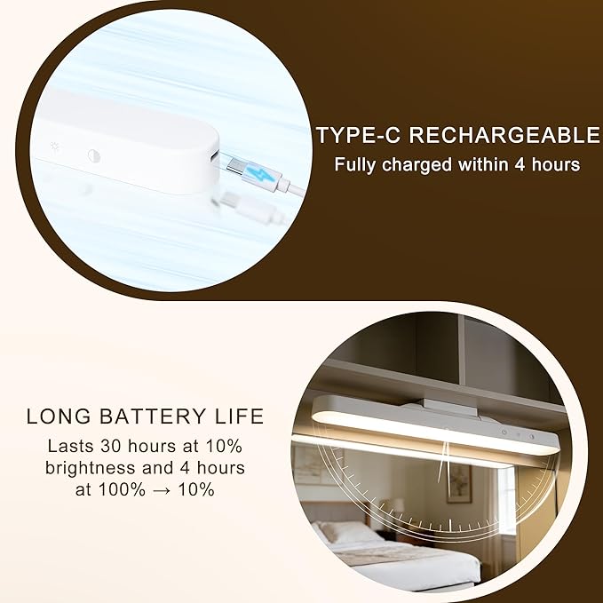 4W Dimmable Mirror Lights, Magnetic Rechargeable LED Light Bar, Wireless Stick on Closet Lights for Kitchen, Pantry, Wardrobe, Vanity Mirror，Gun Safe, Modern Battery Powered Night Light（1pcs）