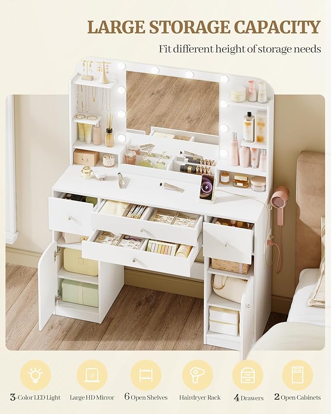 Vanity Desk with Mirror, Makeup Vanity with Led Lights,Dressing Table with Power Strip, 4 Drawers, 42.5'' Large Tabletop, 2 Open Storage Cabinets, with Jewelry Storage, White